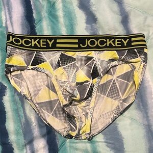 Men’s Jockey briefs, with geometric pattern, size small.